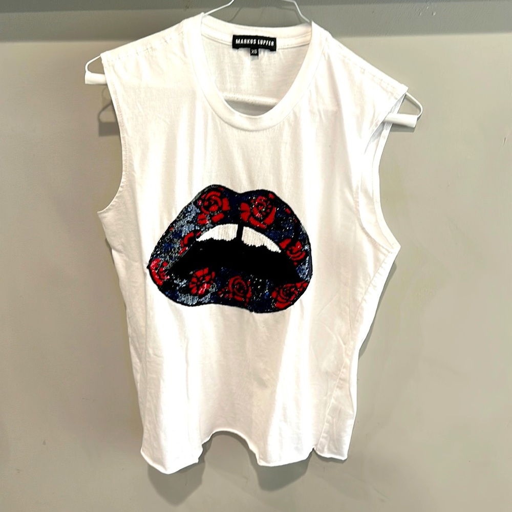 Markus Lupfer white tank with black and red sequence lips